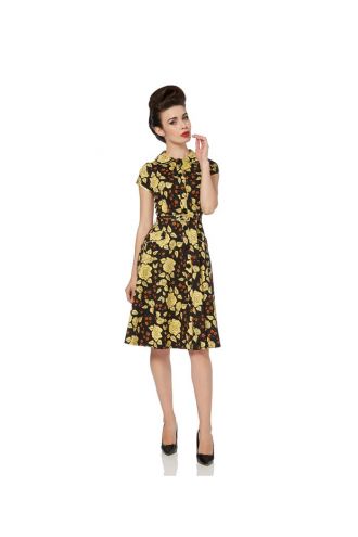 Yellow Roses Floral 50's Vintage Rockabilly Retro Knee Length Dress