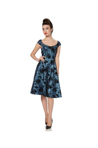 Elegant Blue Floral Flock Print Vintage Flare Knee Length Dress
