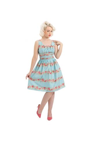 Light Blue & Pink Rose Floral 50's Vintage Rockabilly Retro Flared Summer Dress