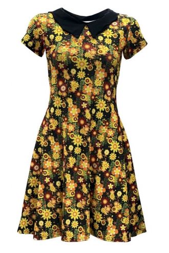 Retro Colourful Summer Flowers Wild Meadow Floral Printed Collar Dress