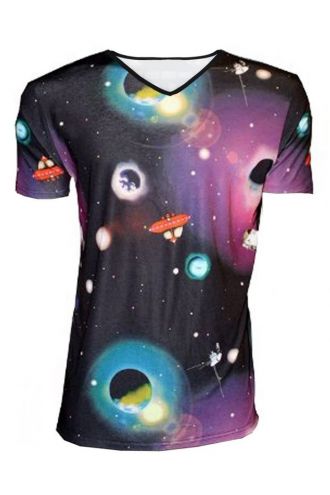 Men's Galaxy UFO Satellite Planet Print V-Neck T-Shirt Top Goth Punk Rock Emo Clubbing Rave