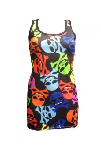 Multi Rainbow Skull Cross Bone Print Summer Dress Top