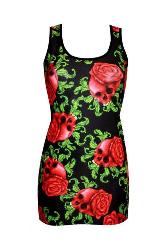 Enchanting Rose Skulls Long Vest Top