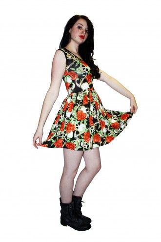 Heart Roses, Skulls & Anchors Rockabilly Alternative Sleeveless Gathering Dress