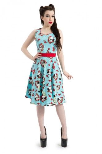 Sugar Skull Blue & Red Rose 50's Vintage Rockabilly Retro Flared Summer Dress