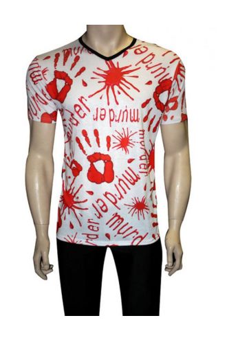 Men's White Bloody Murder Print Blood Splatter V-Neck T-Shirt Tee