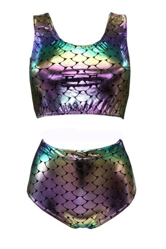 Metallic Shiny Mermaid Fish Scale Fin Rainbow Printed Sleeveless Crop Top High Waist Bikini Pants Coord Set