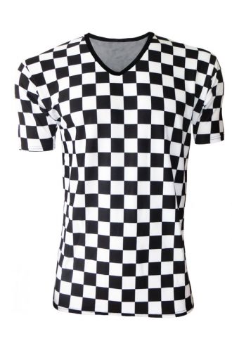 Men's Black And White Check Chequer Print V-Neck TShirt Tee Top