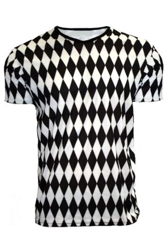 Men's Black And White Diamonds Print V-Neck TShirt Tee Top