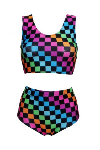 Rainbow Coloured Check Squares Print Sleeveless Crop Top High Waist Bikini Pants Coord Set