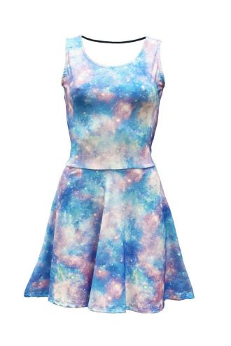 Light Galaxy Space Universe Stars All Over Printed Fit & Flared Sleeveless Skater Dress