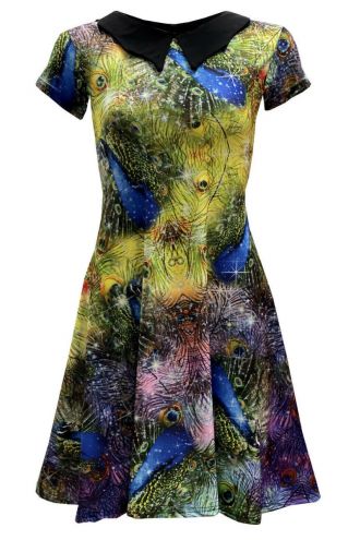 Bright And Colourful Peacock Feathers Animal Printed Collar Dress