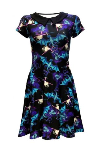 Electric Blue Fire Breathing Dragon Sword Skull Print Bats Collar Dress