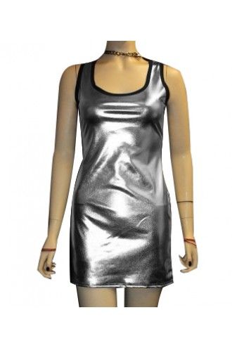 Silver Metallic Wetlook Shiny Long Vest Top