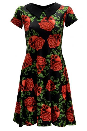 Enchanting Skulls Red Roses Gothic Printed Collar Dress