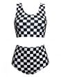 Monochrome Chequered Chess Board Sleeveless Crop Top High Waist Bikini Pants Coord Set