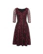 Red & Black Lace Classic Vintage Patterened Knee Length Dress