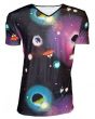 Men's Galaxy UFO Satellite Planet Print V-Neck T-Shirt Top Goth Punk Rock Emo Clubbing Rave
