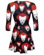 Scary Killer Clown Joker Evil Horror Halloween Print 3/4 Sleeve Skater Dress 