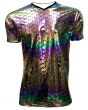 Metallic Shiny Mermaid Fish Scale Fin Rainbow Foil Printed V-Neck T-shirt Tee Top