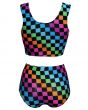 Rainbow Coloured Check Squares Print Sleeveless Crop Top High Waist Bikini Pants Coord Set