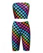 Rainbow Coloured Check Squares Print Sleeveless Crop Bandeau Top Cycle Shorts Coord Set