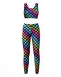 Rainbow Coloured Check Squares Print Sleeveless Crop Top Leggings Coord Set