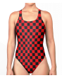 Red And Black Coloured Check Squares Printed Swimsuit Bodysuit