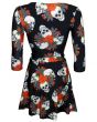 Skull Roses Tattoo Classic Floral Printed 3/4 Sleeve Skater Dress