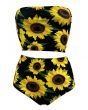 Gorgeous Sunflower Sunset Floral All Over Printed Crop Bandeau Top High Waist Bikini Pants Coord Set