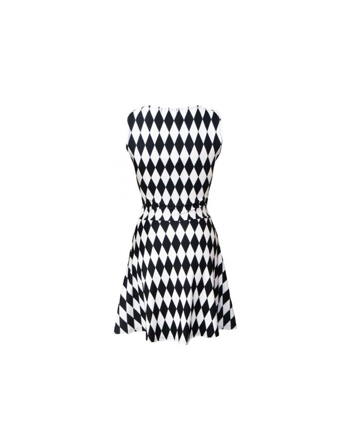 Black And White Harelquin Diamonds Print Skater Dress