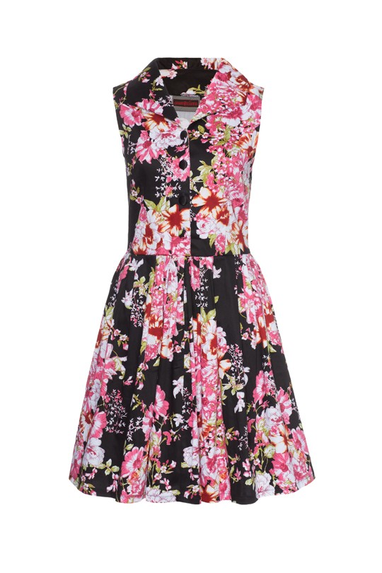 Black & Pink Blossoms Floral 50's Vintage Retro Rockabilly Sleeveless Dress