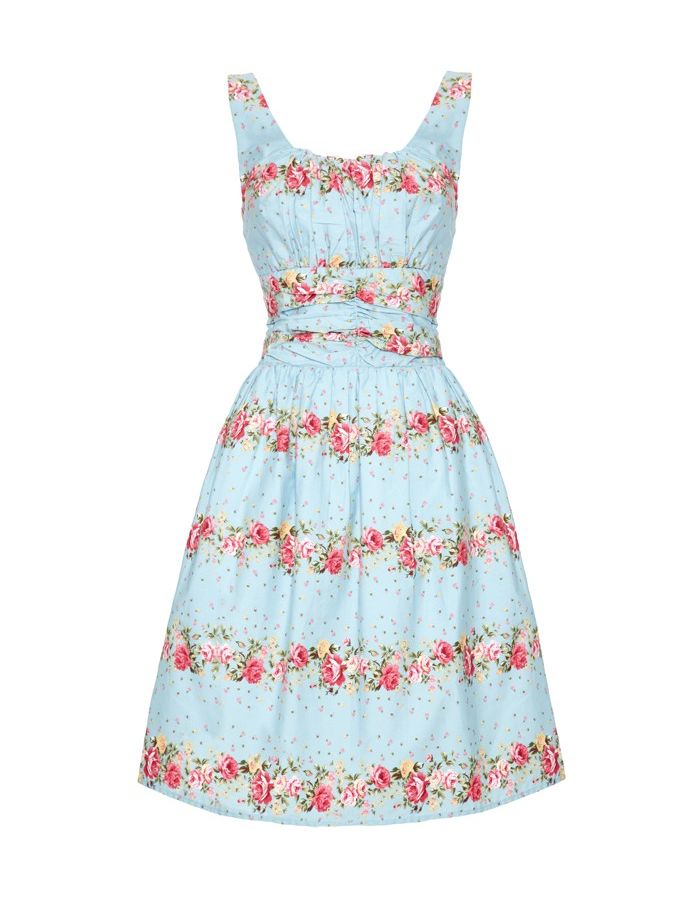 Light Blue & Pink Rose Floral 50's Vintage Rockabilly Retro Flared Summer Dress