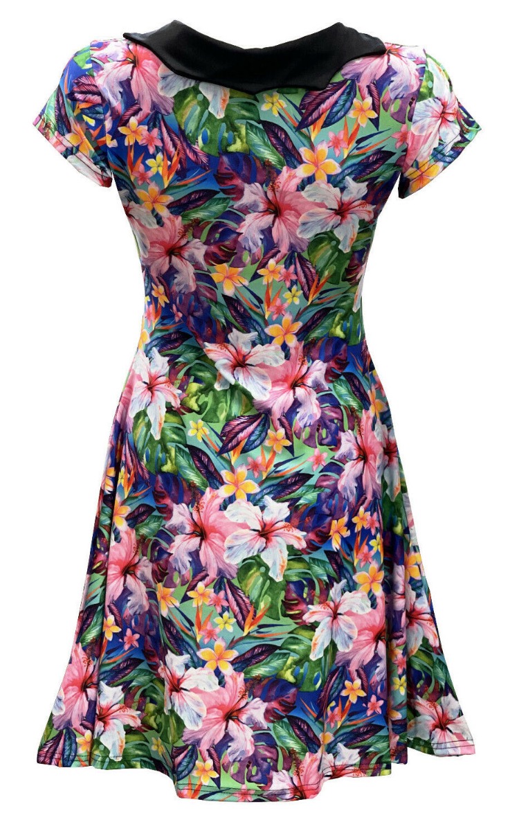 Tropical Floral Watercolour Exotic Palm Leaves Retro Vintage Swing Punk Rockabilly Printed Collar Dress