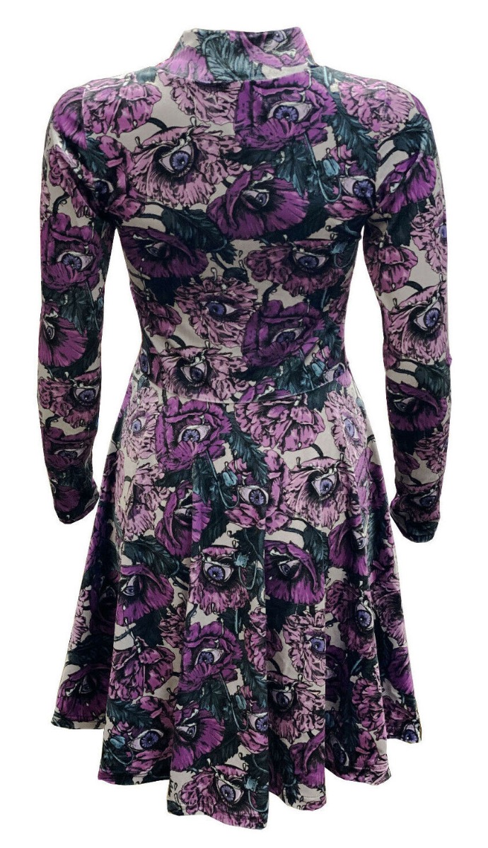 Flowers Floral Eyes Bloom Vintage Rockabilly Printed Velvet Velour High Neck Dress