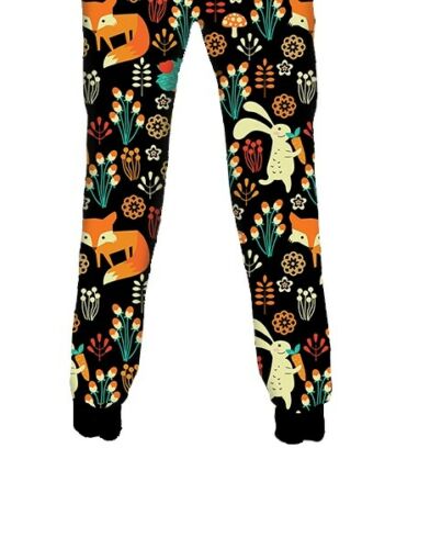 Unisex Floral Fox, Rabbit, Hedgehog Animal Nature Fleece Printed Sweatpants Jogging Bottom