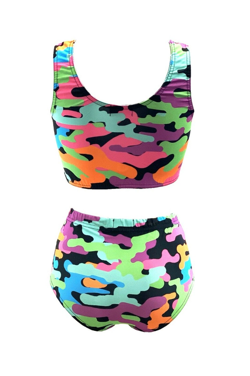 Multi Funky Camouflage Printed Sleeveless Crop Top High Waist Bikini Pants Coord Set