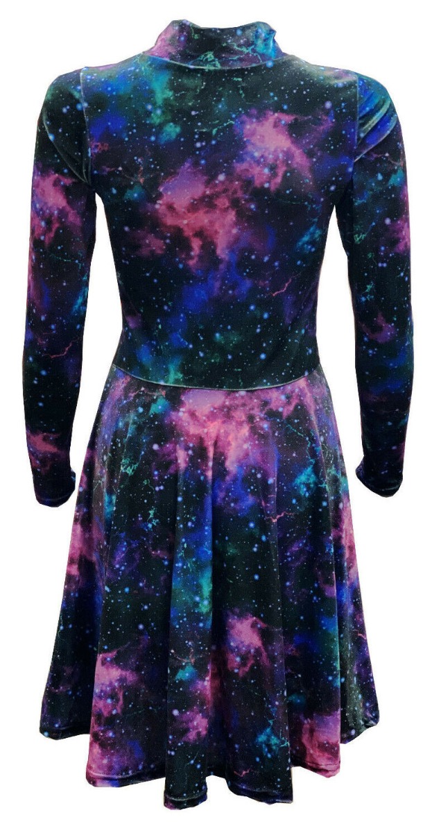 Galaxy Space Universe Stars Cosmos Planets Printed Velvet Velour High Neck Dress