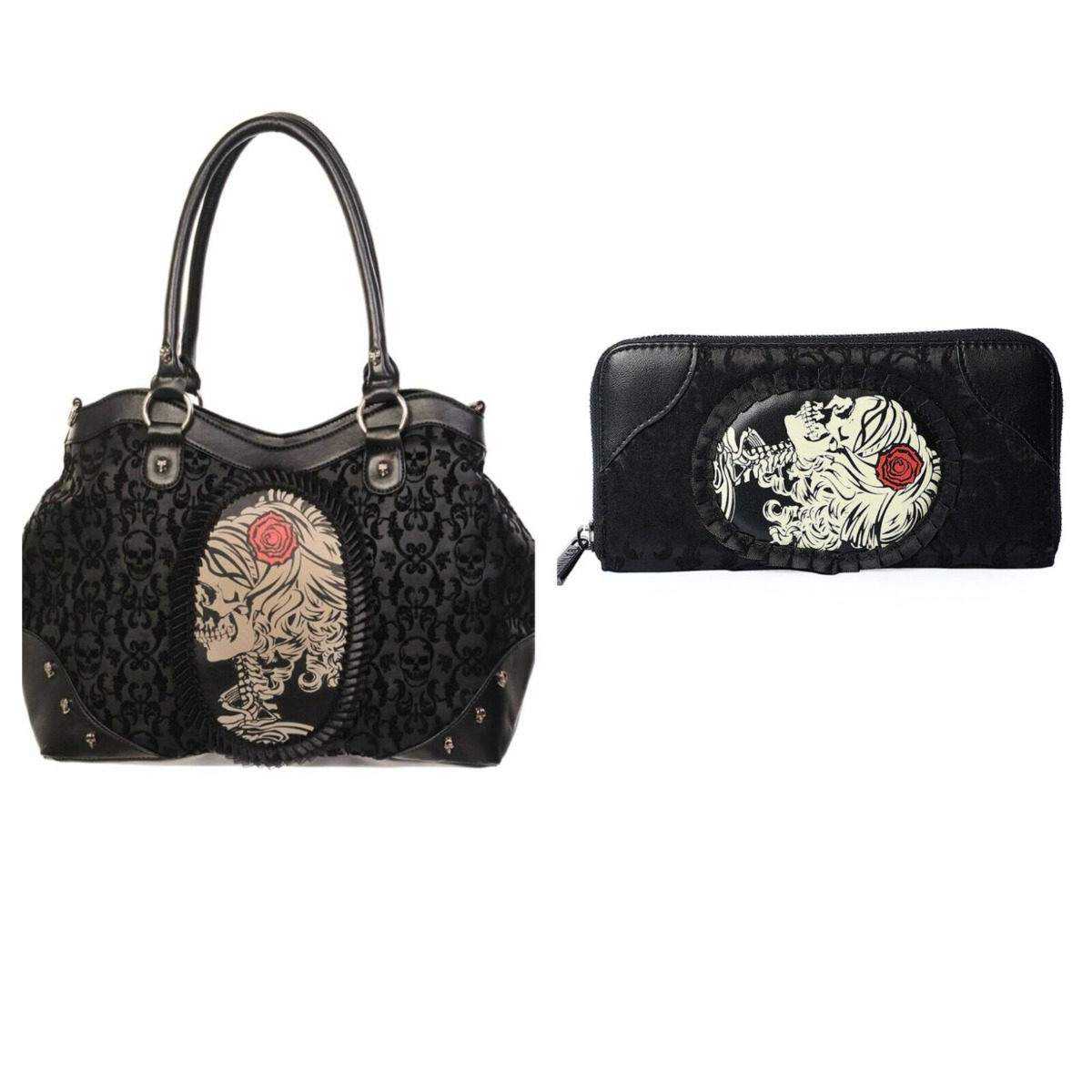 Gothic Victorian Skeleton Flocked Cameo Shoulder Bag & Wallet Gift Set