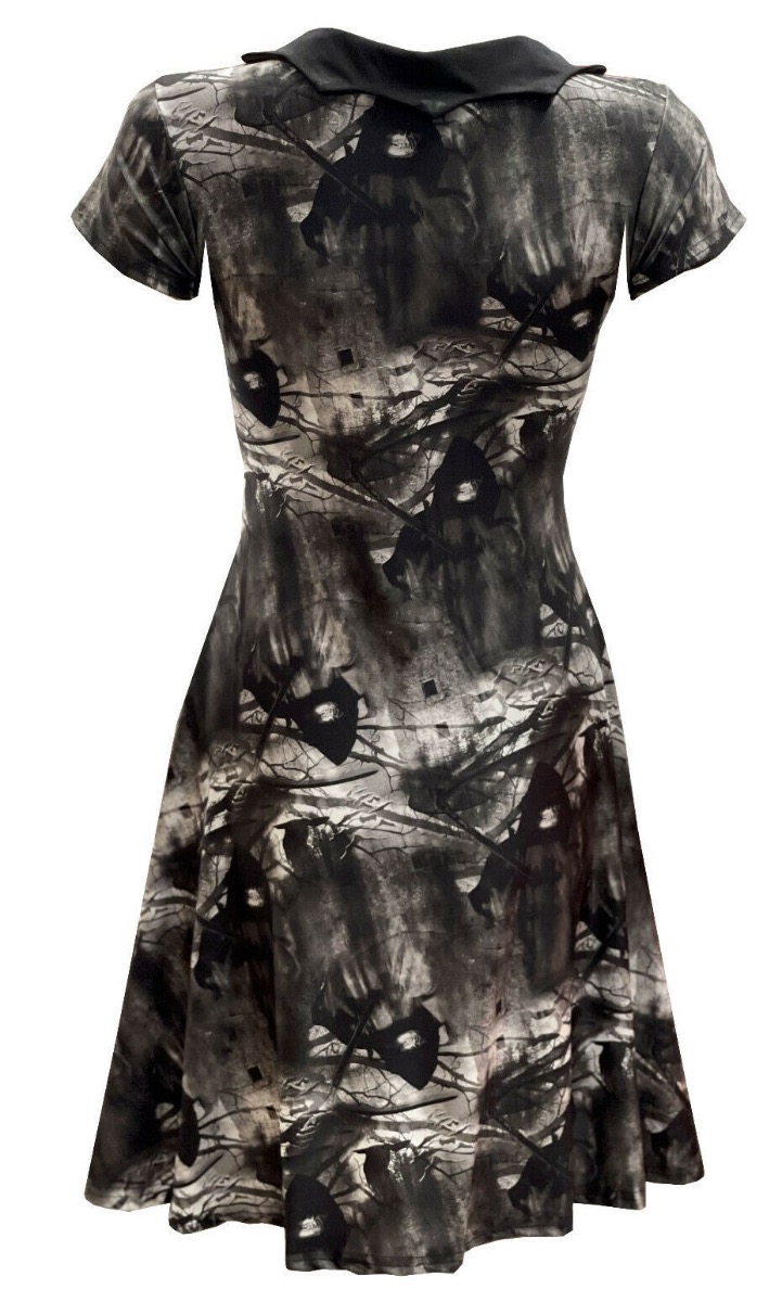 Gothic All Over Grim Reaper Bats Crow Spooky Trees Printed Collar Dress