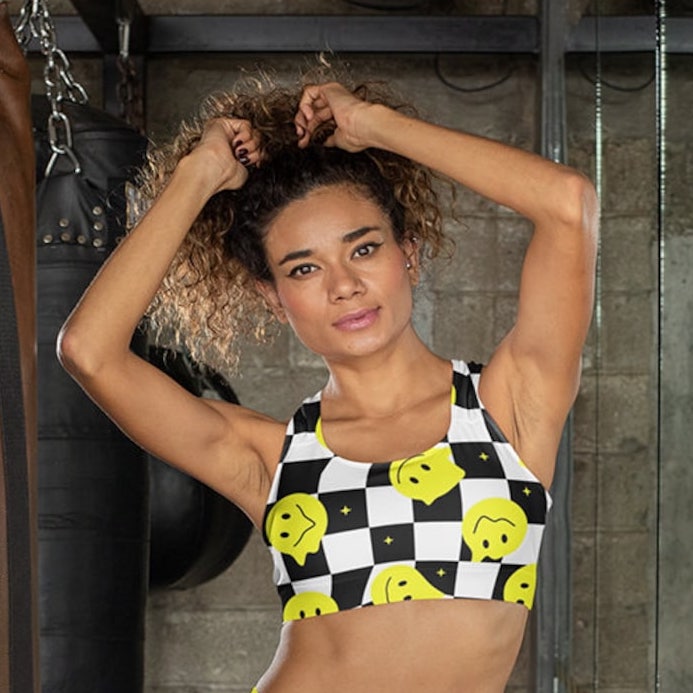 Happy Faces Geometry Mono Checker Board Melt Smiley Printed Sleeveless Crop Top Leggings Coord Set