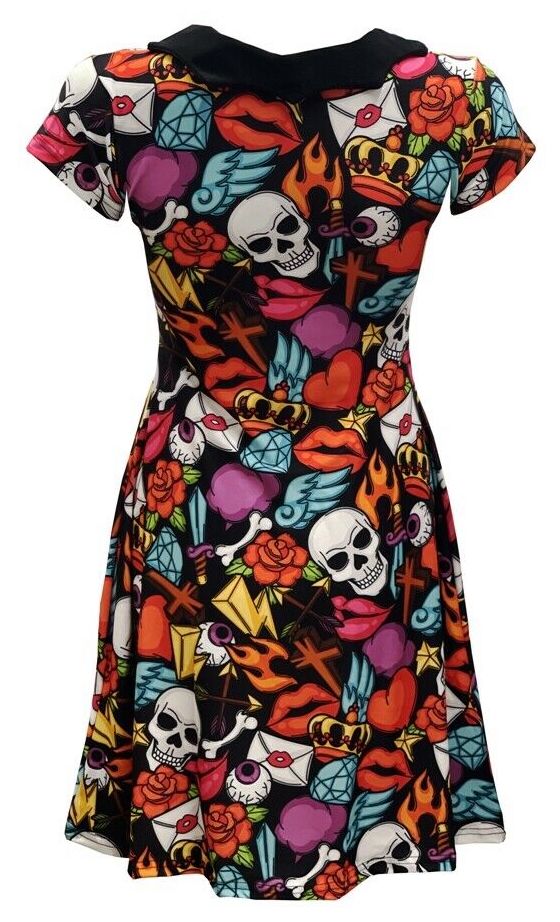 Skull Heart Rose Bones Cross Lips Doodles Printed Collar Dress