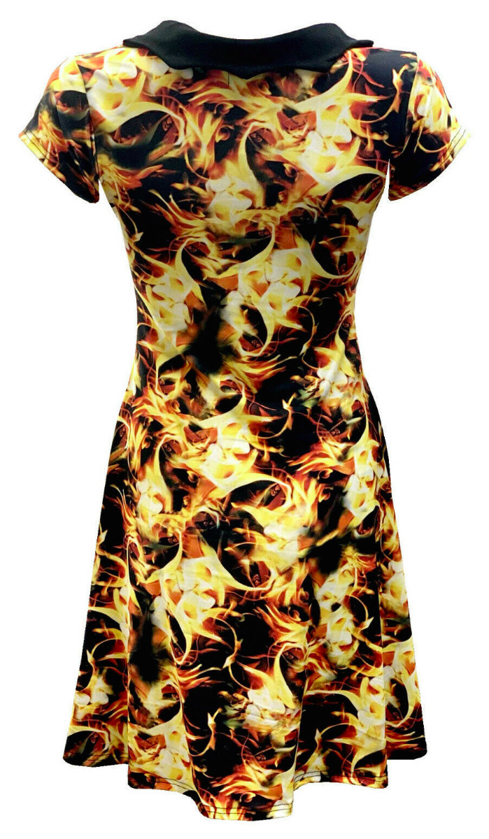 Hot Fire Flames Swing Printed Bats Collar Dress