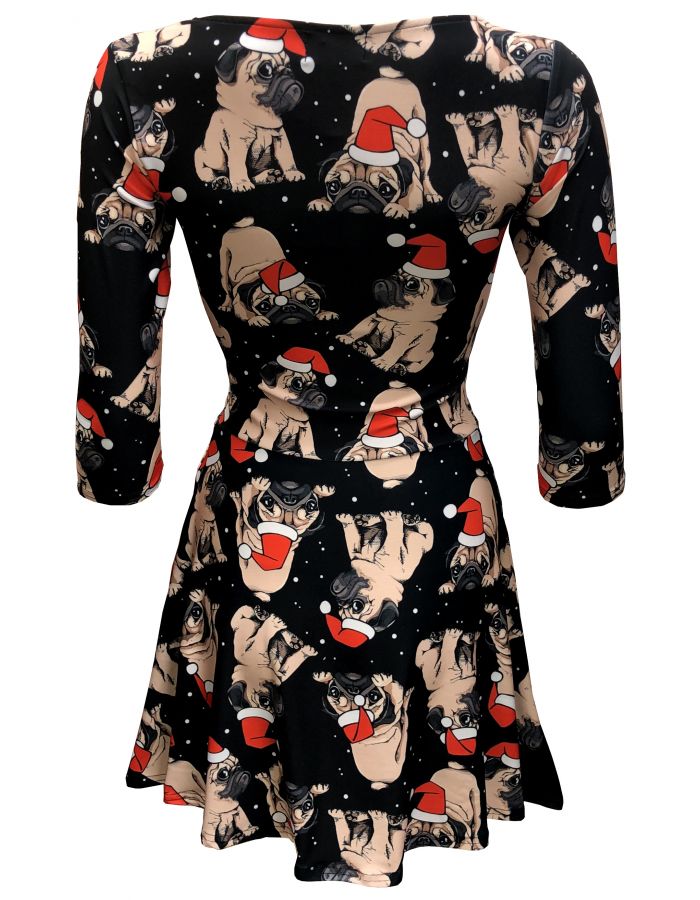 Cute Santa Pug Puppies Pattern Pets Lover Animal Printed 3/4 Sleeve Skater Dress