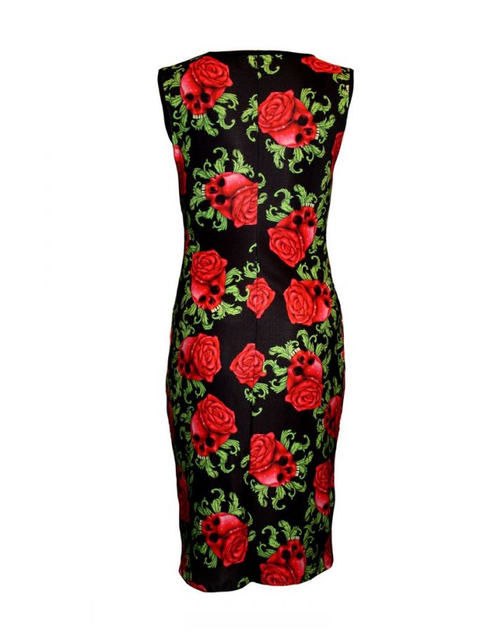 Enchanting Red Skull Roses Gothic Bodycon Wiggle Style Dress