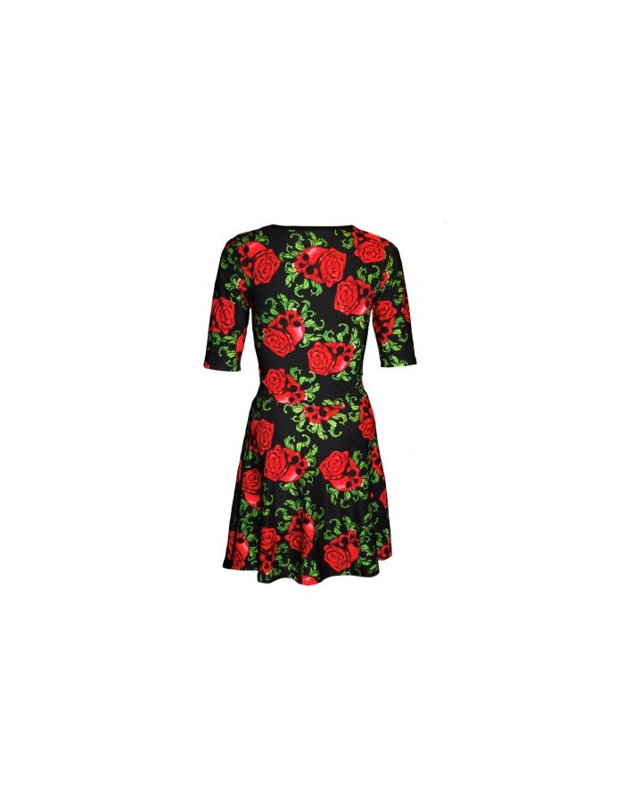 Enchanting Red Skull Roses Gothic Short Sleeve Skater Dress