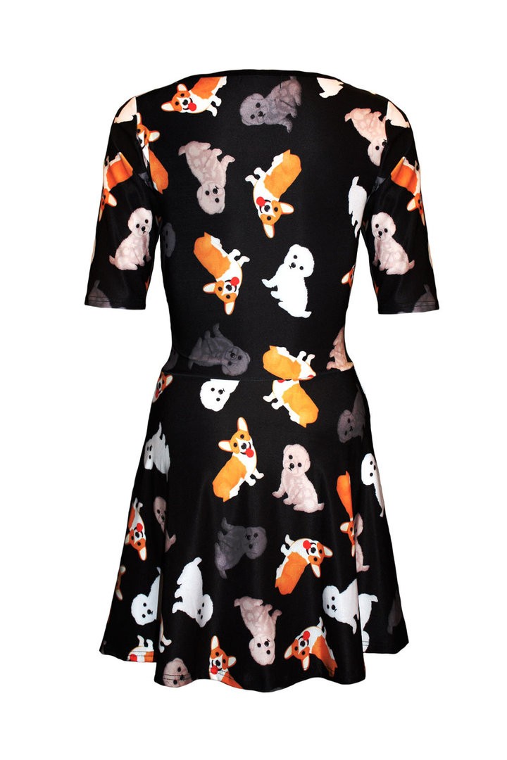 Cute Dogs Puppies Animal Print Short Sleeve Fit & Flared Skater Dress