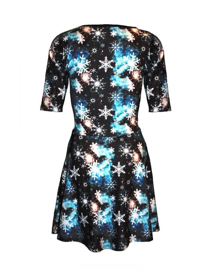 Blue Snowflake Galaxy Beautiful Winter Short Sleeve Skater Dress