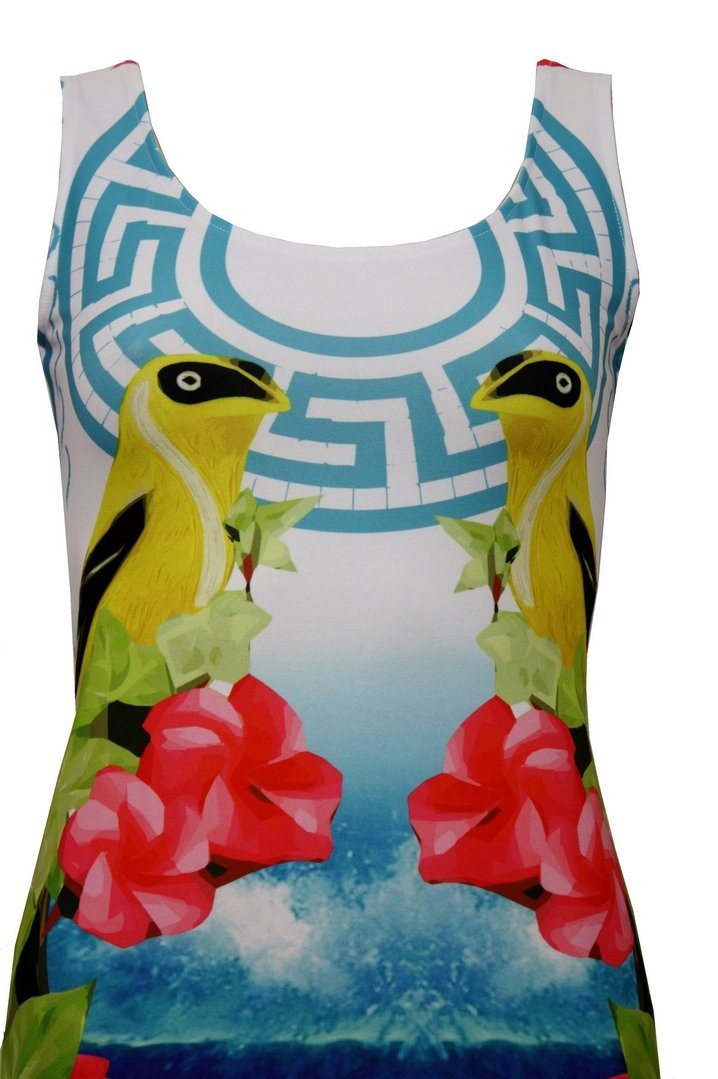 Unique Swallows Bird Floral Design Block Print Bodycon Dress