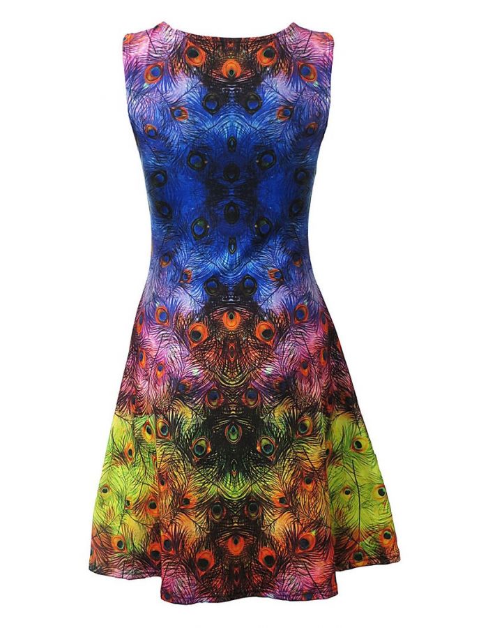 Bright And Colourful Peacock Feathers Animal Print Sleeveless Skater Dress